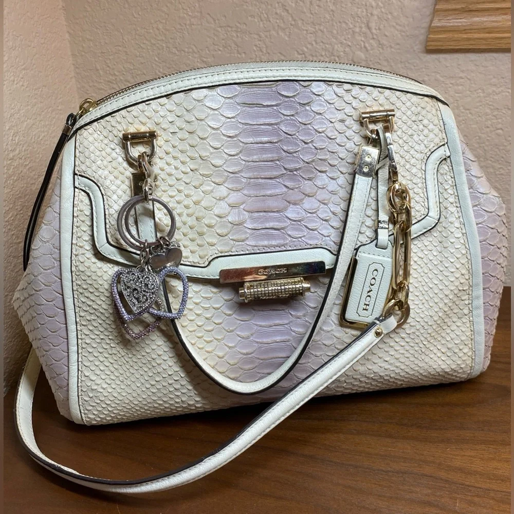 Coach Madison Textured Embossed Python Satchel Bag Ivory Purple Large Charms‎